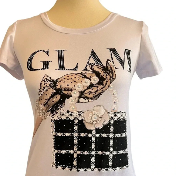 Glam Bling Bling Studded Top Short Sleeve White - Picture 6 of 7
